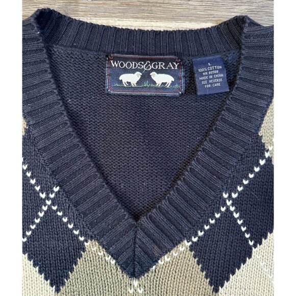 Woods & Gray Mens Argyle Cotton V-Neck Vest Black Beige Preppy Golf Grandpa Core - Picture 3 of 6